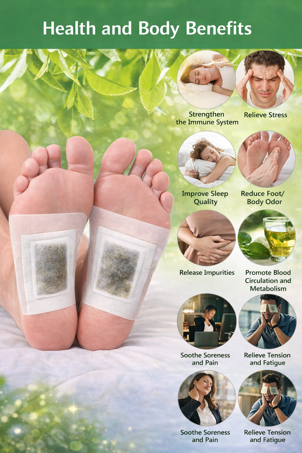 100% Herbal And Gentle Ingredient Detox Foot Pads Natural Ingredients for Sleep Aid, Pain Relief Toxin Removal with Bamboo Vinegar and Acupoint Micro-Massage Technology